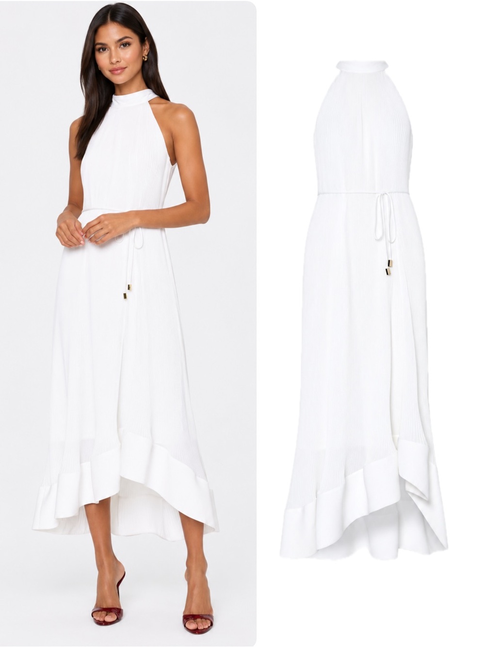 Milly Nalani White Pleated High-Neck Halter High-Low Midi Dress NWOT $475